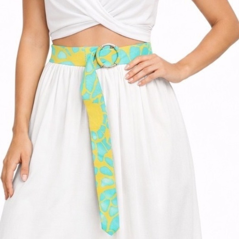 J.Crew Turquoise Lime Green Giraffe Print Fabric Belt Gold Buckle M 47-27